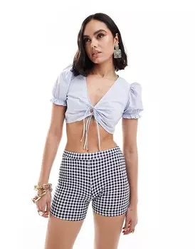 Bershka – Хлопковый топ с завязками спереди, бледно-голубой, с пышными рукавами