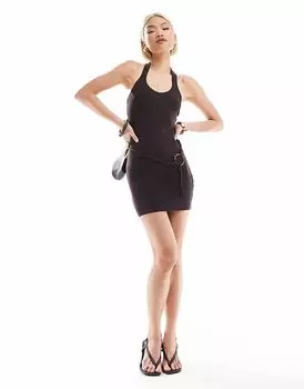 Bershka - Коричневое мини-платье с халтернеем и вязаным поясом