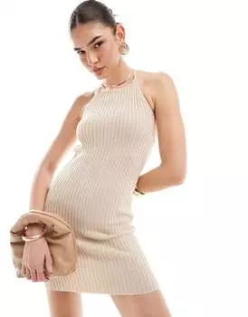 Bershka - Короткое вязаное платье песочного цвета крючком со шнуровкой на спине