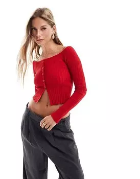 Bershka – Красный вязаный топ с воротником-стойкой и застежкой на пуговицы