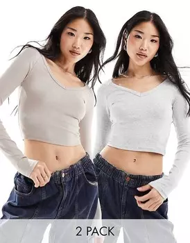 Bershka – Набор из 2 футболок с длинными рукавами и v-образным вырезом серого и песочного цвета