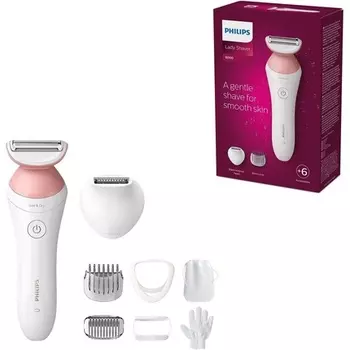Беспроводная бритва Lady Shaver Series 6000 с 6 аксессуарами, перчатка для пилинга тела, триммер для бикини, белый/розовый, Philips