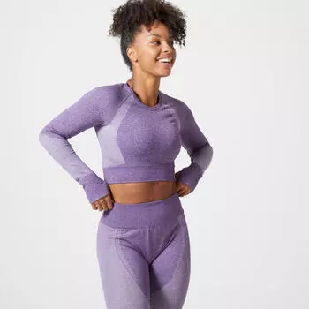 Бесшовная укороченная футболка для фитнеса с фиолетовым баклажаном и длинными рукавами DOMYOS, цвет purpura