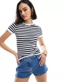 Бесшовная укороченная футболка в темно-синюю полоску ASOS