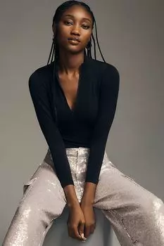 Бесшовное боди с молнией до четверти от Anthropologie, черный