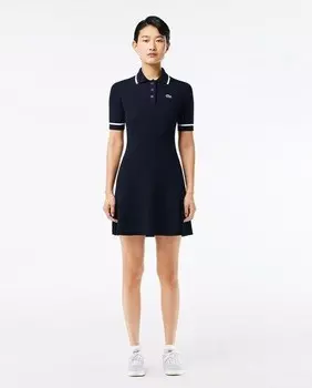 Бесшовное расклешенное платье-поло с 3D-принтом в рубчик Lacoste, темно-синий
