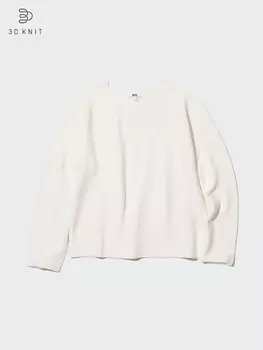 Бесшовный хлопковый джемпер с круглым вырезом 3D-вязаный Uniqlo, цвет 01 белый