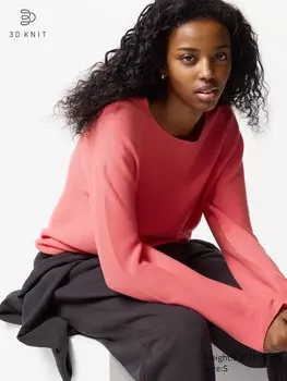 Бесшовный хлопковый джемпер с круглым вырезом 3D-вязка Uniqlo, цвет 13 красный