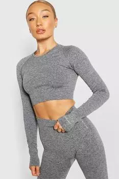 Бесшовный спортивный топ в ребрику с длинными рукавами Boohoo, серый