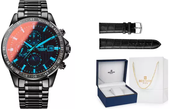 Bestdon Автоматические механические часы с ремешком из нержавеющей стали для мужчин с черным циферблатом