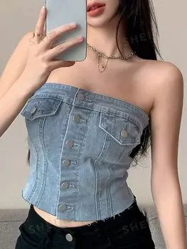 Без бретелек, однотонный, с пуговицами спереди, укороченный, джинсовый Dazy, светло-голубой