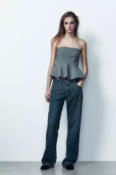 Без бретелек топ с баской ZARA, серый мергель