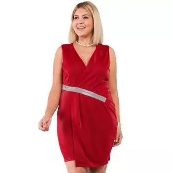 Без рукавов с V-образным вырезом, асимметричным запахом, отделкой стразами, приталенным мини-платьем-блейзером FASHNZFAB, темно-красный