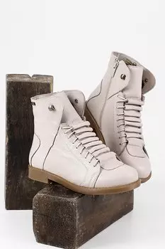 БЕЖЕВЫЕ женские повседневные ботинки из натуральной кожи с круглым носком и резиновой подошвой на шнуровке 52472 GNDER(R)