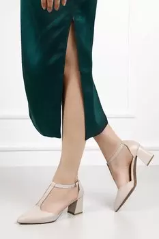 БЕЖЕВЫЕ женские туфли на среднем толстом каблуке из натуральной кожи с острым носком и ремешком на щиколотке 24182 GNDER(R)