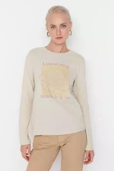 Бежевая базовая трикотажная футболка с длинным рукавом с принтом Trendyol, бежевый