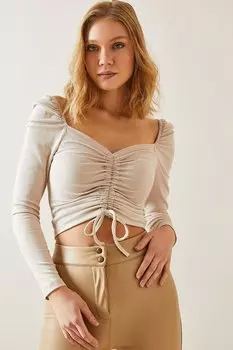 Бежевая блузка-бретелька с рукавами арбуза и сборками 4KXK2-47690-25 XHAN