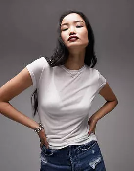 Бежевая длинная повседневная футболка Topshop с прозрачными рубчиками на каждый день