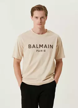 Бежевая футболка из органического хлопка с принтом логотипа Balmain