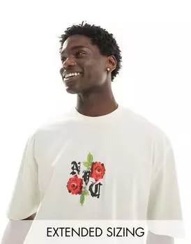 Бежевая футболка оверсайз с цветочным принтом спереди ASOS DESIGN