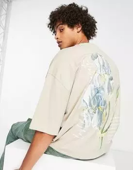Бежевая футболка оверсайз с цветочным текстовым принтом ASOS DESIGN