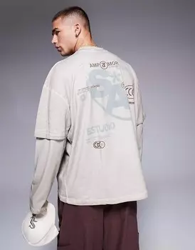 Бежевая футболка оверсайз с длинными рукавами и принтом на спине ASOS DESIGN
