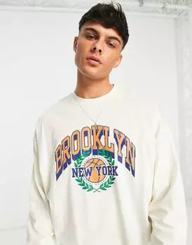 Бежевая футболка оверсайз с длинными рукавами и принтом Brooklyn спереди ASOS DESIGN
