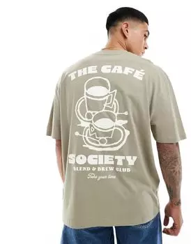 Бежевая футболка оверсайз с кофейным принтом на спине ASOS DESIGN