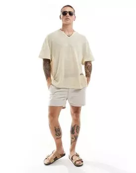 Бежевая футболка оверсайз с вырезом на горловине ASOS DESIGN, связанная крючком