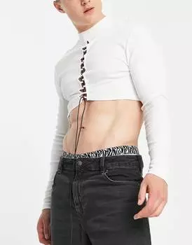 Бежевая футболка с длинным рукавом, высоким воротником и шнуровкой ASOS DESIGN