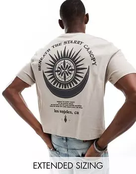 Бежевая футболка свободного кроя с принтом на спине ASOS DESIGN