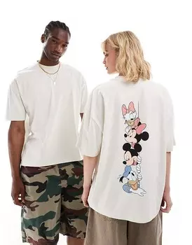Бежевая футболка унисекс ASOS DESIGN – Disney – большого кроя с принтом на спине Микки Маус и друзья