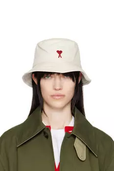 Бежевая хлопковая панама с вышивкой Ami de Coeur AMI Paris