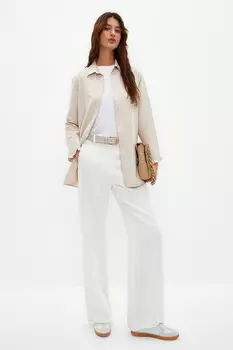 Бежевая хлопковая рубашка из джинсовой ткани с рюшами Trendyol Modest, бежевый