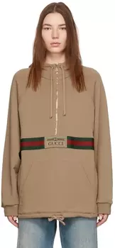 Бежевая худи с логотипом Web на молнии до половины длины Gucci