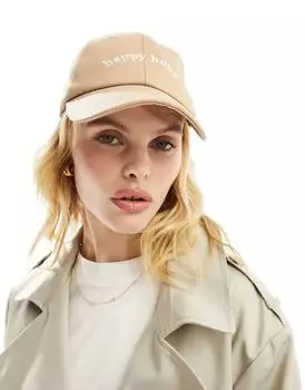 Бежевая кепка My Accessories с надписью Happy Hour