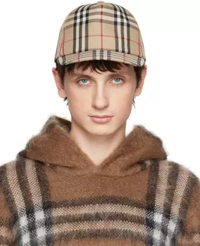Бежевая кепка в винтажную клетку с аппликацией Burberry
