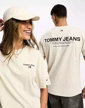 Бежевая классическая футболка унисекс с линейным логотипом на спине Tommy Jeans