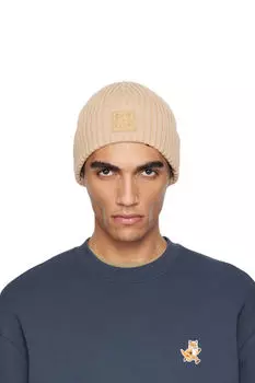 Бежевая кожаная шапка с нашивкой в виде головы лисы Maison Kitsun