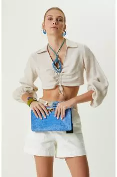 Бежевая льняная блузка со сборками и рукавами три четверти Network, бежевый