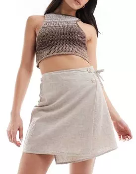 Бежевая льняная мини-юбка с запахом и завязками Monki