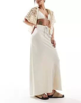 Бежевая льняная юбка макси косого кроя с завязкой на талии ASOS