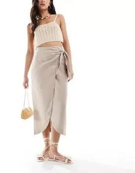 Бежевая льняная юбка с запахом спереди Mango