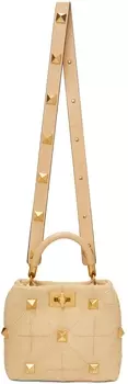 Бежевая маленькая сумка с ручкой сверху и заклепками из рафии в римском стиле Valentino Garavani