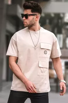 Бежевая мужская футболка оверсайз с карманами 5835 MADMEXT