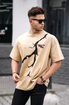 Бежевая мужская футболка оверсайз с рисунком MADMEXT