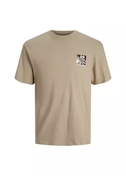 Бежевая мужская футболка с круглым вырезом с принтом Jack & Jones