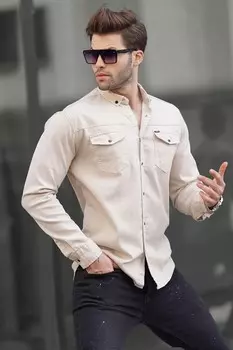 Бежевая мужская рубашка из габардина Comfortable Fit 6810 MADMEXT