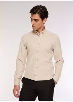 Бежевая мужская рубашка в полоску с воротником на пуговицах и базовым воротником Fabrika