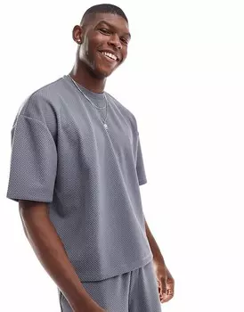 Бежевая объемная футболка с вафельным узором свободного кроя ASOS DESIGN